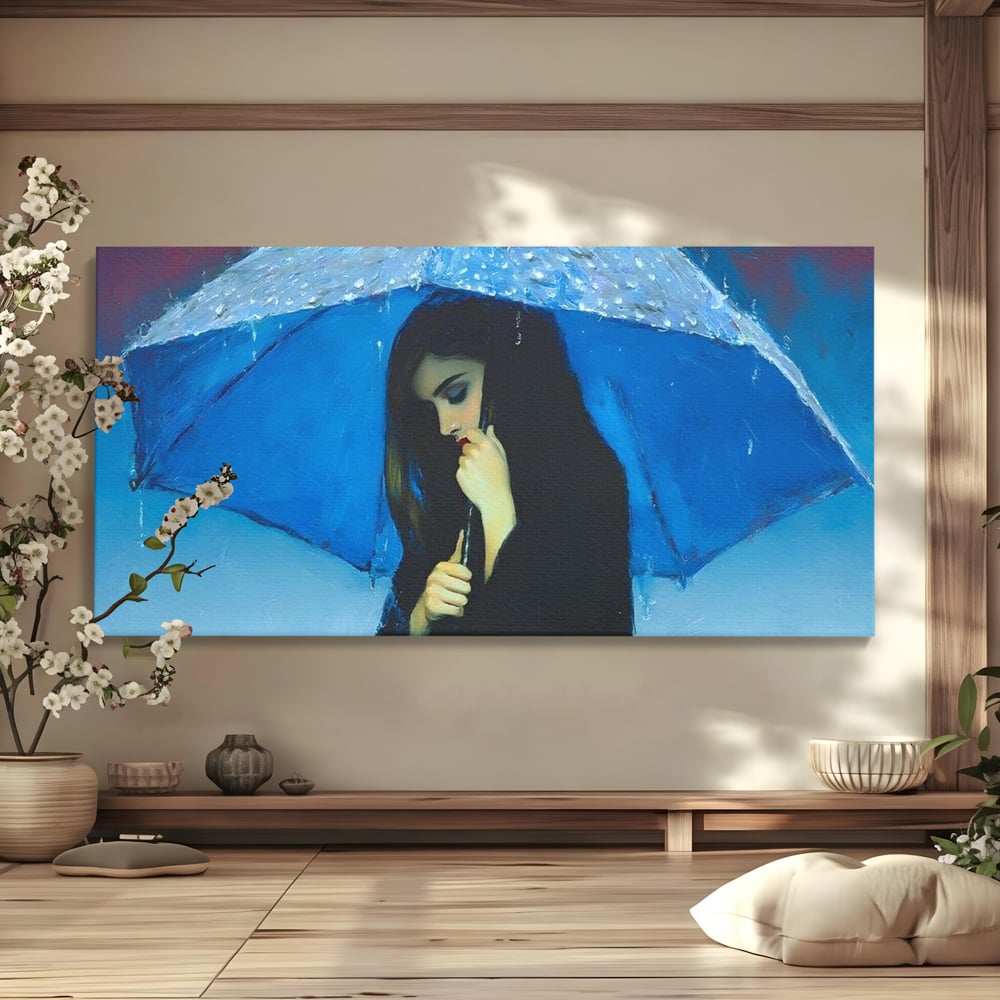 Tablou canvas cu pictura cu femeie sub umbrela albastra, fara rama, pe sasiu de lemn